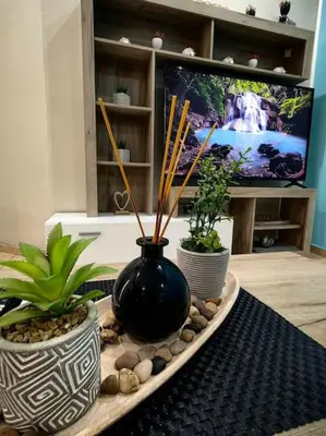 a black vase sitting on a table with plants at Nina Apartment in Chania Town