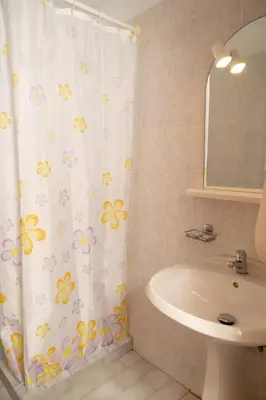 a bathroom with a shower curtain with flowers on it at Hotel Mimoza in Agia Marina Nea Kydonias