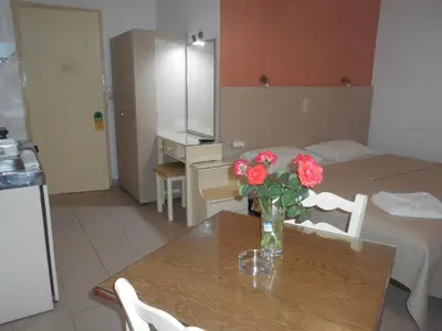 a table with a vase of flowers on top of it at Ilona Apartments Chania in Kato Daratso