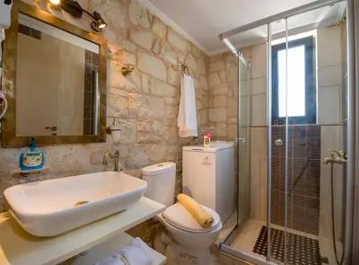 a bathroom with a sink and a toilet and a shower at Villa Christy in Stalos