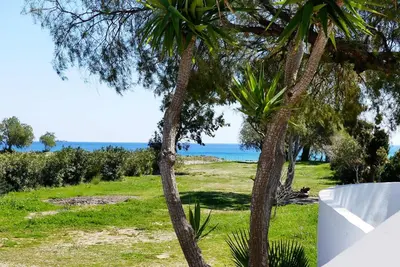 a view of the ocean from between two palm trees at Villa Memories in Palaiochóra