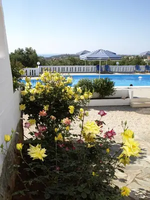 a garden with flowers in front of a pool at Villas Michalis in Chorafakia