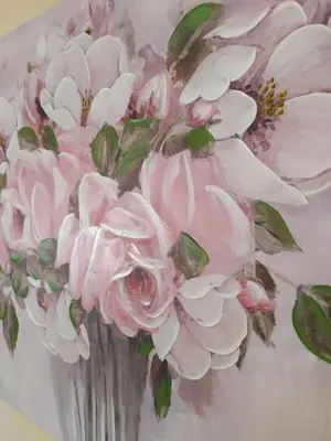 a painting of a vase filled with pink flowers at Sea Daffodil apartments in Kissamos