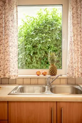 a kitchen sink with a pineapple in front of a window at Sea Daffodil apartments in Kissamos
