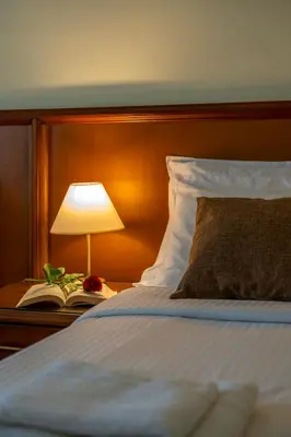 a bed with a lamp and a book on a table at Porto Alegre Hotel in Kalamaki Chanion