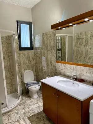 a bathroom with a sink and a toilet and a mirror at Terpsichori villa and apartments in Kalamaki Chanion