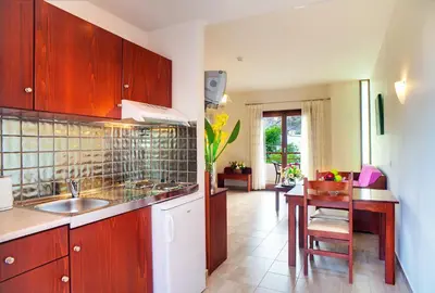 a kitchen with wooden cabinets and a table with a sink at Syia Hotel in Sougia