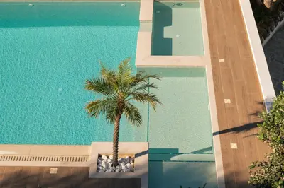 a palm tree sitting next to a swimming pool at Seaview Garden Villa - Heated Pool & Sauna in Stalos