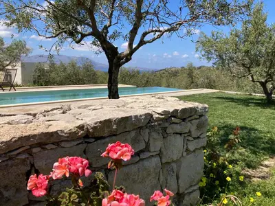 a stone wall with flowers in front of a pool at WeCrete Apartments in Drapaniás