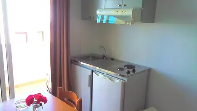 a small kitchen with a sink and a table with a table at Karmi Apartments in Kolymvari