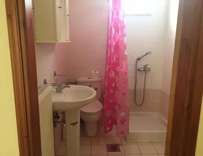 a bathroom with a sink and a toilet and a shower curtain at Irene's studio in chania in Chania Town