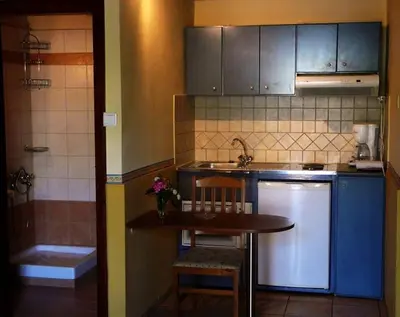 a small kitchen with a table and a sink and a stove at Alexandros Studios & Apartments in Chania Town