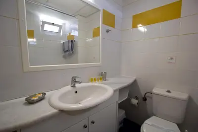 a bathroom with a sink and a toilet and a mirror at Pegasus Hotel in Stalos