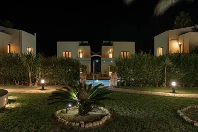 a house at night with a palm tree in the yard at Daphnis Villas in Maleme