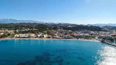 an aerial view of a beach with a city at Marika Beach Hotel in Plataniás