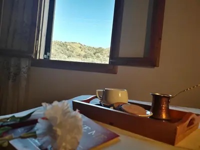 a table with a tray with a plate of food and a window at Hidden House in Nature in Zounákion
