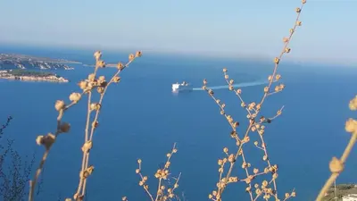 a boat in the water with a view of the ocean at PALACE Sea view in Megála Khoráfia