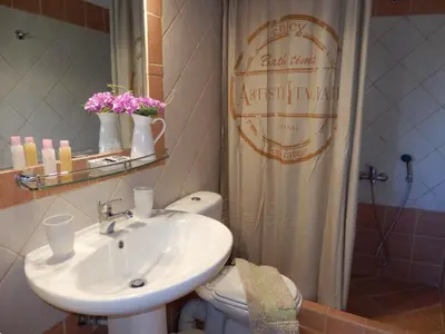 a bathroom with a sink and a toilet and a shower at Charisma Apartment in Plataniás