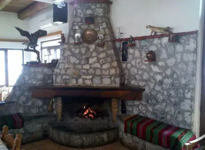 a stone fireplace in a living room with a cat on a shelf at To Ellinikon in Omalós