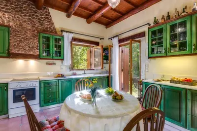 a kitchen with green cabinets and a table and chairs at Ifigenia Theriso Village in Thérison