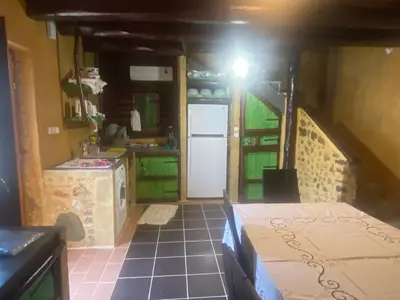a kitchen with green cabinets and a white refrigerator at Ifigenia Theriso Village in Thérison