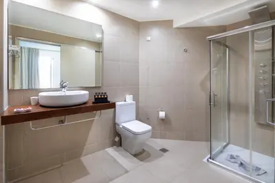a bathroom with a toilet and a sink and a shower at Elena Beach Hotel in Kissamos