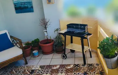 a barbecue grill in a room with potted plants at Thalassa Old Town Apartment in Chania Town