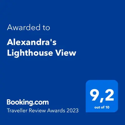 a screenshot of a phone with the text awarded to albuquerques lighthouse view at Alexandra's Lighthouse View in Chania Town