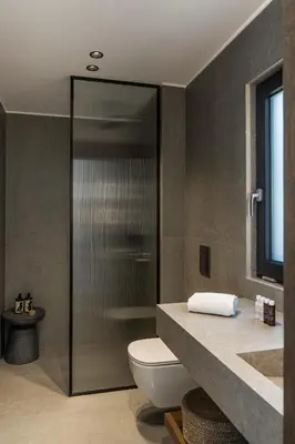 a bathroom with a toilet and a glass shower at Thelèsi Apartments, 100m from the beach in Stalos