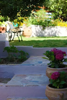 a flower pot with flowers and a bench in the background at Villa SteMa in Xirokámbion