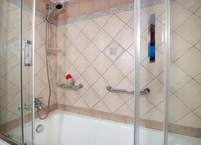 a shower with a glass door in a bathroom at Elisavet's House in Plataniás
