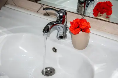a sink with water running from a faucet with red flowers at Elisavet's House in Plataniás