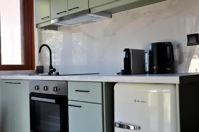 a kitchen with a sink and a stove at Villa Elea Apartments in Spiliá
