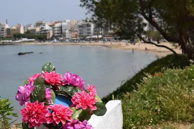 a bouquet of flowers sitting on a wall next to a beach at Kostaspant apartment in Gerani Chanion