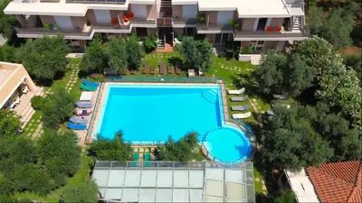 an overhead view of a swimming pool in a building at Elea in Kato Daratso