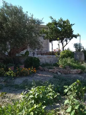 a garden in front of a house at Margarita's Stone House in Plátanos