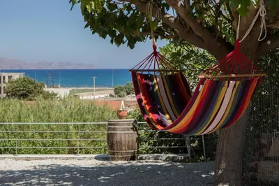 a hammock hanging from a tree next to the ocean at Villa Alexandra in Kissamos