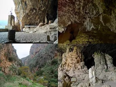 a collage of photos of a mountain with a lighthouse at father's house in kissamos in Korfalónas