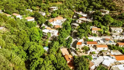 an aerial view of a small town with houses and trees at Anna's Village House in Perivólia