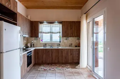 a kitchen with wooden cabinets and a white refrigerator at Villa Vendema in Arménoi