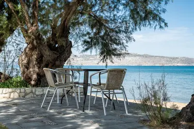 a table and chairs sitting under a tree next to the water at Lila hill house in Stalos