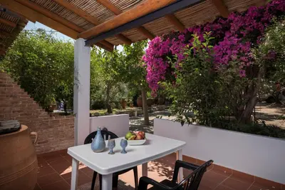 a table and chairs on a patio with purple flowers at Orionas Village in Kato Daratso