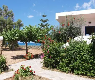 a garden with flowers and plants in front of a building at Fragokastello Star in Frangokastello