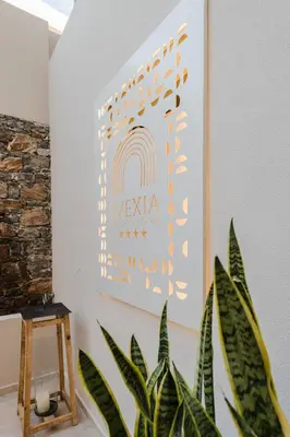 a wall with a poster with a rainbow and a plant at Evexia Boutique Hotel & Spa in Agia Marina Nea Kydonias