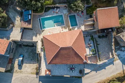 an aerial view of a house with a red roof at Olive Villas in Kría Vrísi