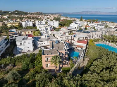 an aerial view of a city and the ocean at Dias Hotel Apartments in Agia Marina Nea Kydonias