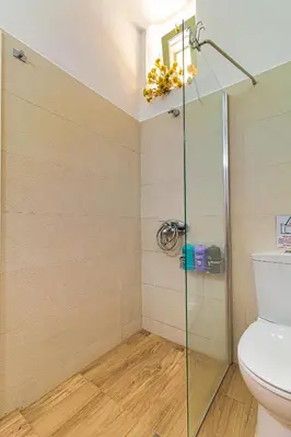 a bathroom with a shower and a toilet at Antonia Traditional Estate in Chania Town
