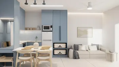 a kitchen and living room with a table and a couch at Georgina in Agia Marina Nea Kydonias