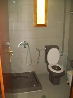a bathroom with a toilet and a shower at Kato Stalos Beach in Stalos