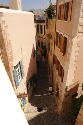 an overhead view of an alley between two buildings at Eleonora in Chania Town